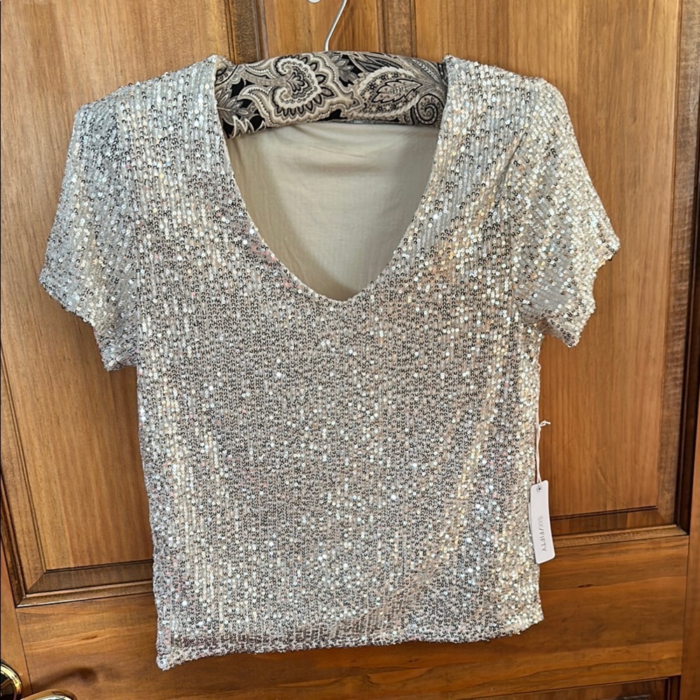 Six Fifty Silver Sequin V-Neck Top